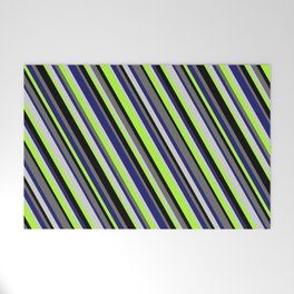 [ Thumbnail: Colorful Midnight Blue, Light Gray, Light Green, Black, and Dim Grey Colored Stripes/Lines Pattern Welcome Mat ]