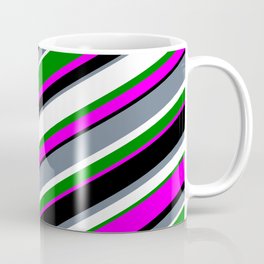 [ Thumbnail: Eyecatching Slate Gray, White, Green, Fuchsia, and Black Colored Striped Pattern Coffee Mug ]