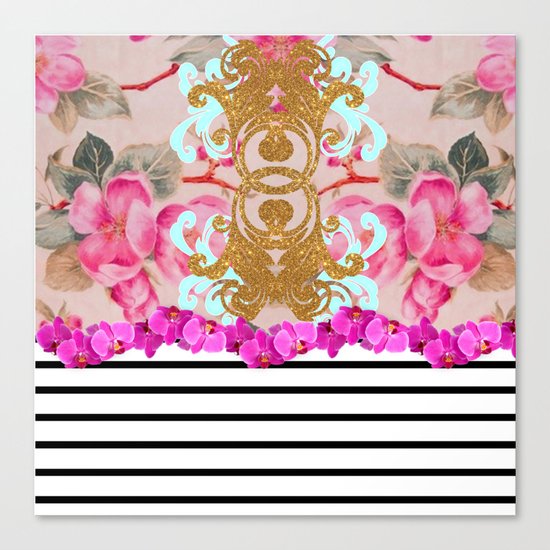 Fashion Girly Pink Vintage Floral Trendy Stripes Pattern Canvas Print