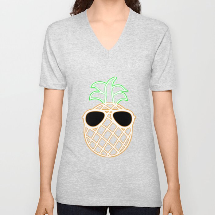 Neon Pineapple Sunglasses Glow Party Costume Funny V Neck T Shirt