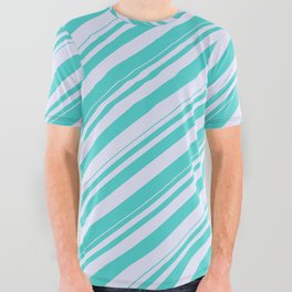 [ Thumbnail: Turquoise & Lavender Colored Lined/Striped Pattern All Over Graphic Tee ]