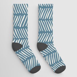 Handrawn Herringbone - Alabaster White on Inky Blue Socks