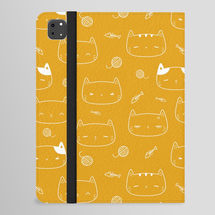 Mustard and White Doodle Kitten Faces Pattern iPad Folio Case