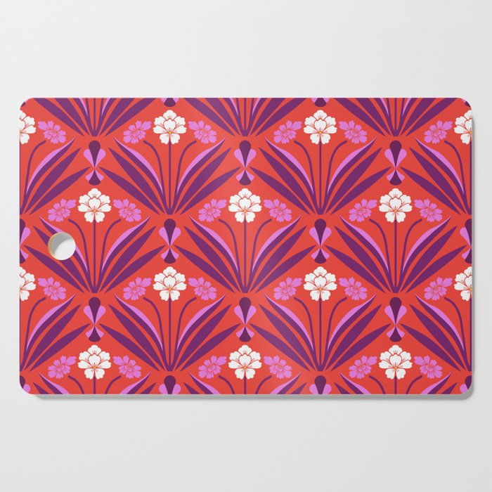 Art deco floral pattern in red, pink, and purple Cutting Board