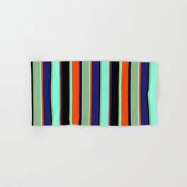 [ Thumbnail: Vibrant Black, Dark Sea Green, Aquamarine, Red, and Midnight Blue Colored Pattern of Stripes Hand & Bath Towel ]