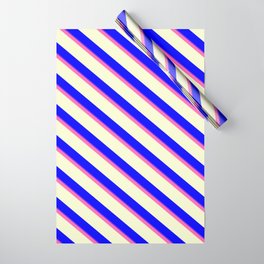 [ Thumbnail: Hot Pink, Light Yellow, Blue, and Purple Colored Lined Pattern Wrapping Paper ]