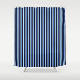 [ Thumbnail: Vibrant Dim Grey, Turquoise, Cornflower Blue, Midnight Blue, and Black Colored Lined Pattern Shower Curtain ]