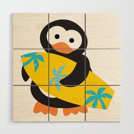 Surfing penguin, yellow board Wood Wall Art
