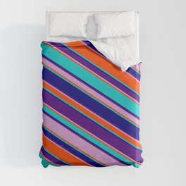 [ Thumbnail: Eyecatching Dark Turquoise, Blue, Indigo, Plum, and Red Colored Lined/Striped Pattern Duvet Cover ]