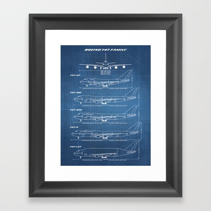 Boeing 747 Family Blueprint in High Resolution (light blue) Framed Art Print