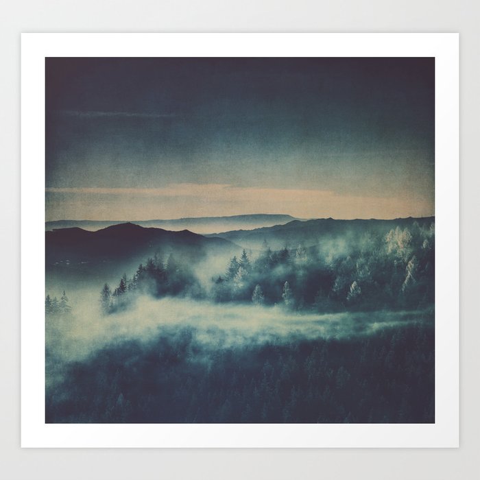Misty Mountains - Dark Blue - Pine tree forest travel  photography by Ingrid Beddoes Art Print