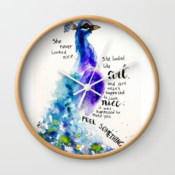 Watercolour Peacock Charles Bukowski quote "She never looked nice..." Wall Clock