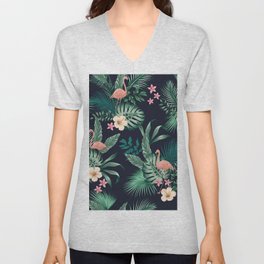  seamless tropical pattern with lush foliage, flowers, pink flamingos. Exotic floral design with monstera leaves, areca palm leaf, hibiscus, frangipani.  V Neck T Shirt