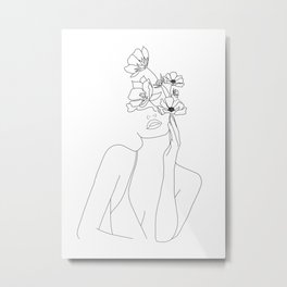 Minimal Line Art Woman with Flowers Metal Print