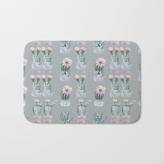 Potted Cactus Plants Gray Bath Mat