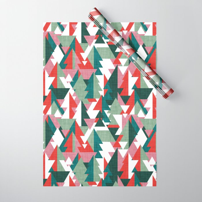 Geo forest // vivid red carissma pink forest pine and jade green geometric triangular pine trees Wrapping Paper