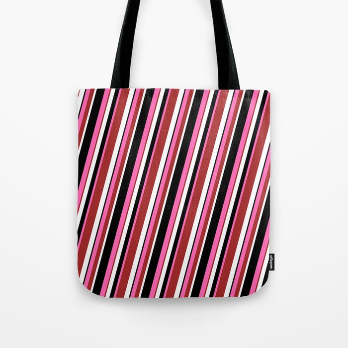 Hot Pink, Brown, White & Black Colored Lined/Striped Pattern Tote Bag