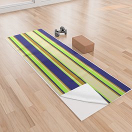 [ Thumbnail: Pale Goldenrod, Light Green, Midnight Blue & Dark Goldenrod Colored Lined/Striped Pattern Yoga Towel ]