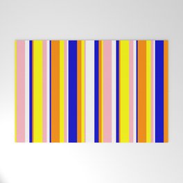 [ Thumbnail: Eye-catching Dark Orange, Blue, White, Light Pink, and Yellow Colored Stripes Pattern Welcome Mat ]