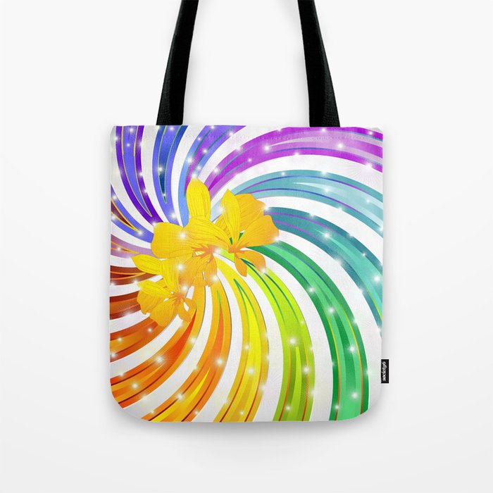 Exotic Flower on Rainbow Glitter Spiral Tote Bag