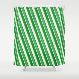 [ Thumbnail: Sea Green, Beige, and Forest Green Colored Lined Pattern Shower Curtain ]