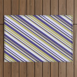 [ Thumbnail: Dark Slate Blue, Dark Khaki & Lavender Colored Striped Pattern Outdoor Rug ]