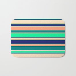 [ Thumbnail: Vibrant Light Salmon, Green, Midnight Blue, Teal, and Bisque Colored Pattern of Stripes Bath Mat ]