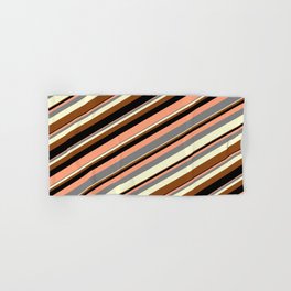 [ Thumbnail: Colorful Light Salmon, Grey, Light Yellow, Brown, and Black Colored Stripes Pattern Hand & Bath Towel ]