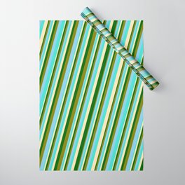 [ Thumbnail: Turquoise, Beige, Dark Green, Green & Sky Blue Colored Pattern of Stripes Wrapping Paper ]