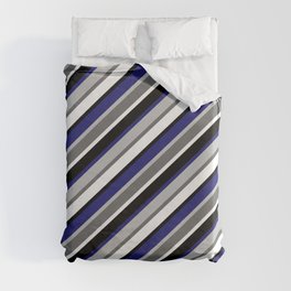 [ Thumbnail: Grey, Dim Grey, White, Black & Midnight Blue Colored Lined Pattern Duvet Cover ]
