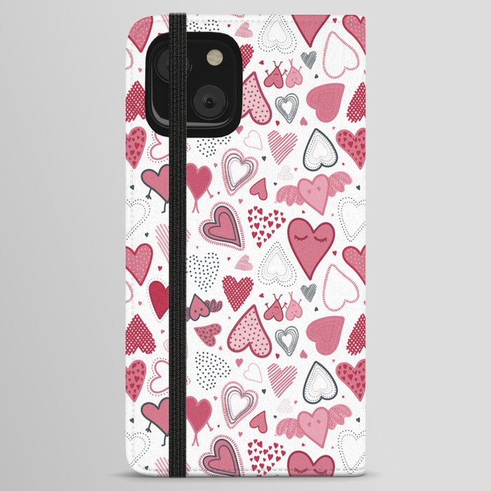 Hand drawn pacific pink and red doodle hearts pattern. iPhone Wallet Case