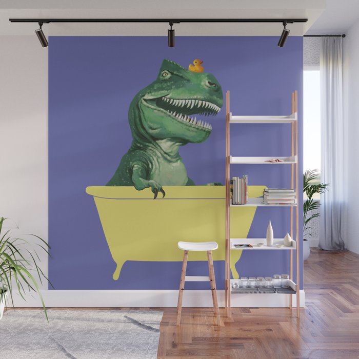 Playful T-Rex in Bathtub in Purple Wall Mural