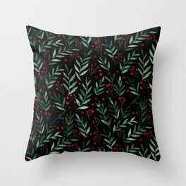 Festive watercolor branches - black, red and green Throw Pillow