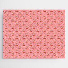 Cherry Seamless Pattern On Sweet Pink Background Jigsaw Puzzle