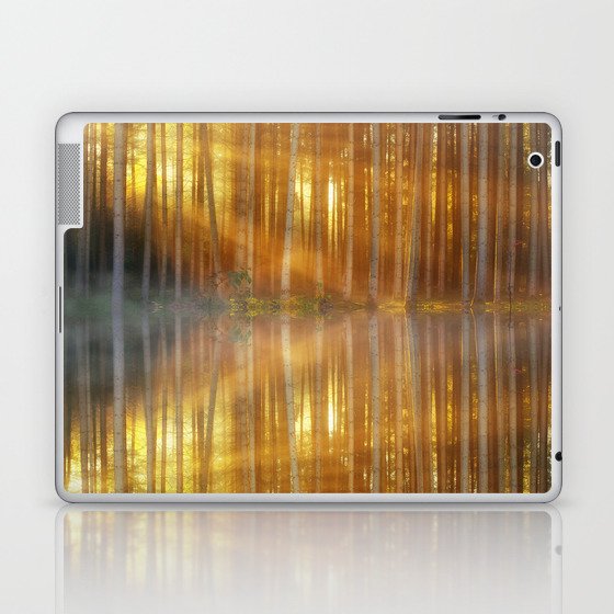 Mirrored lake reflection of morning aspen trees in the morning fog and sunshine nature landscape magical realism photograph / photography Laptop & iPad Skin