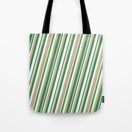 [ Thumbnail: Tan, Sea Green, and White Colored Lined Pattern Tote Bag ]