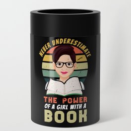 Retro Power Of Girl With A Book Reading Bookworm Can Cooler