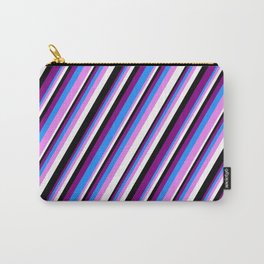 [ Thumbnail: Purple, Blue, Violet, White & Black Colored Stripes Pattern Carry-All Pouch ]