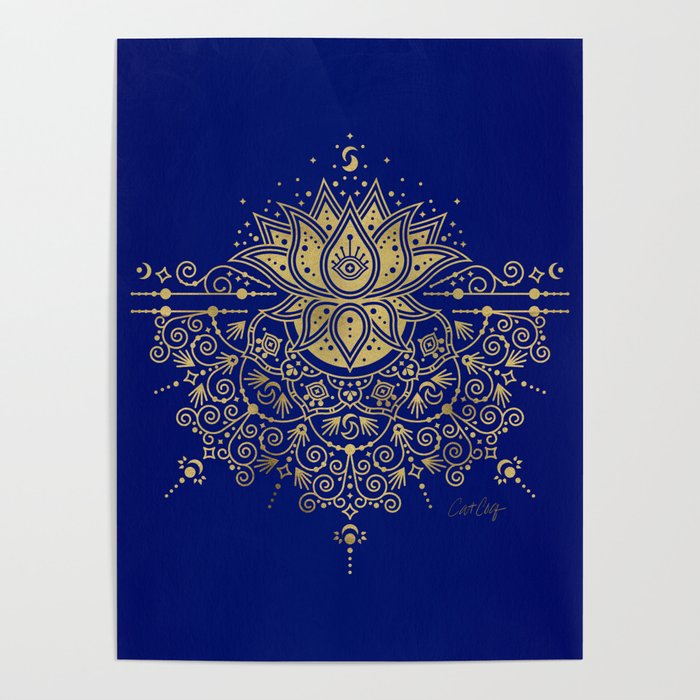 Sacred Lotus Mandala – Navy & Gold Palette Poster