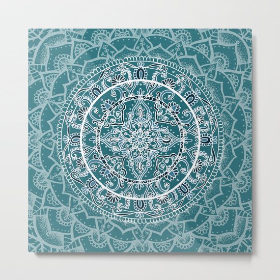 Detailed Teal and Blue Mandala Pattern Metal Print
