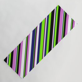 [ Thumbnail: Midnight Blue, Green, Black, Orchid & White Colored Stripes Pattern Yoga Mat ]