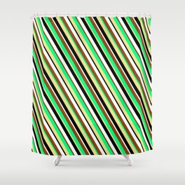 [ Thumbnail: Colorful Green, Tan, Black, White & Brown Colored Lines Pattern Shower Curtain ]
