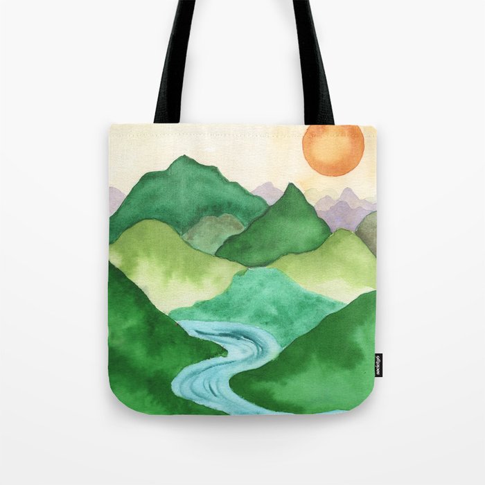 Watercolor Landscape - Mountains with river Tote Bag