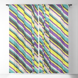 [ Thumbnail: Eyecatching Yellow, Indigo, Bisque, Light Sea Green, and Black Colored Lined Pattern Sheer Curtain ]