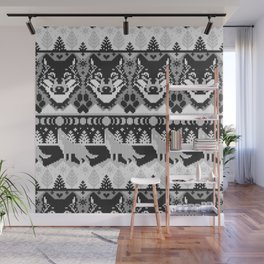 Fair isle knitting grey wolf // black and white wolves moons and pine trees Wall Mural