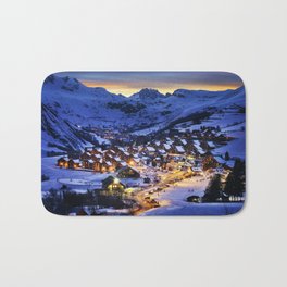 Evening landscape and ski resort in the French Alps Bath Mat | Skiresort, Photo, Beautiful, Winter, Eveninglandscape, Retro, French, Snowy, Snowcovered, Mountain 