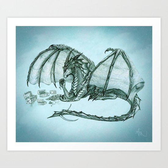 "Material Girl" by Amber Marine ~ (Sea Mist Version) Graphite & Charcoal Dragon Art, (c) 2005 Art Print