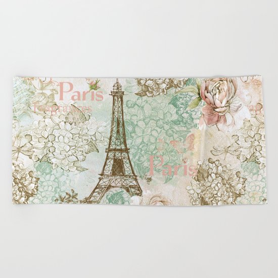 I love Paris- Vintage Shabby Chic - Eiffeltower France Flowers Floral Beach Towel