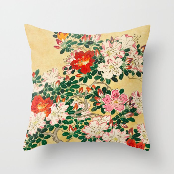 Blossoming Azalea flower in pot - Vintage Japanese Woodblock Print Art Throw Pillow