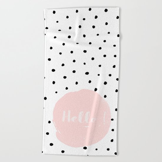 Hello! Black on white Polkadots and pink Typography Beach Towel